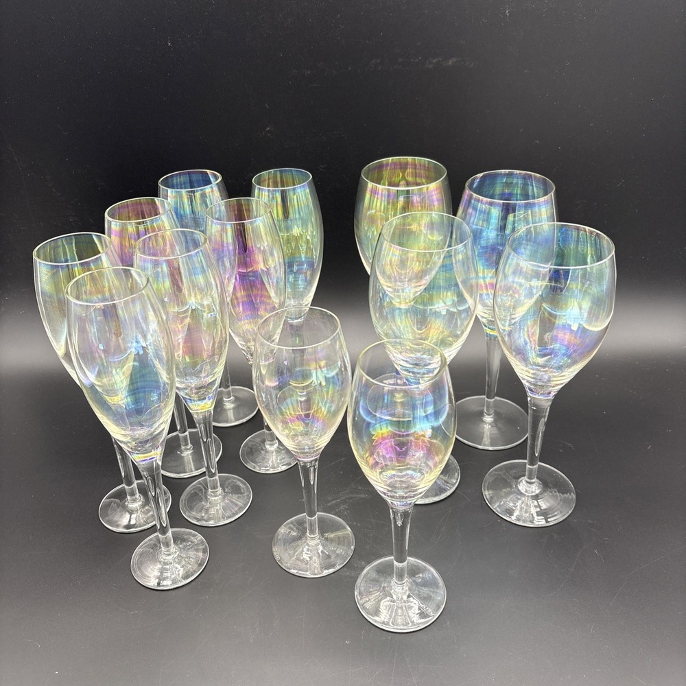 Vintage Toscany Iris Lustre Crystal Stemware Lot of 13 Iridescent Wine Champagne